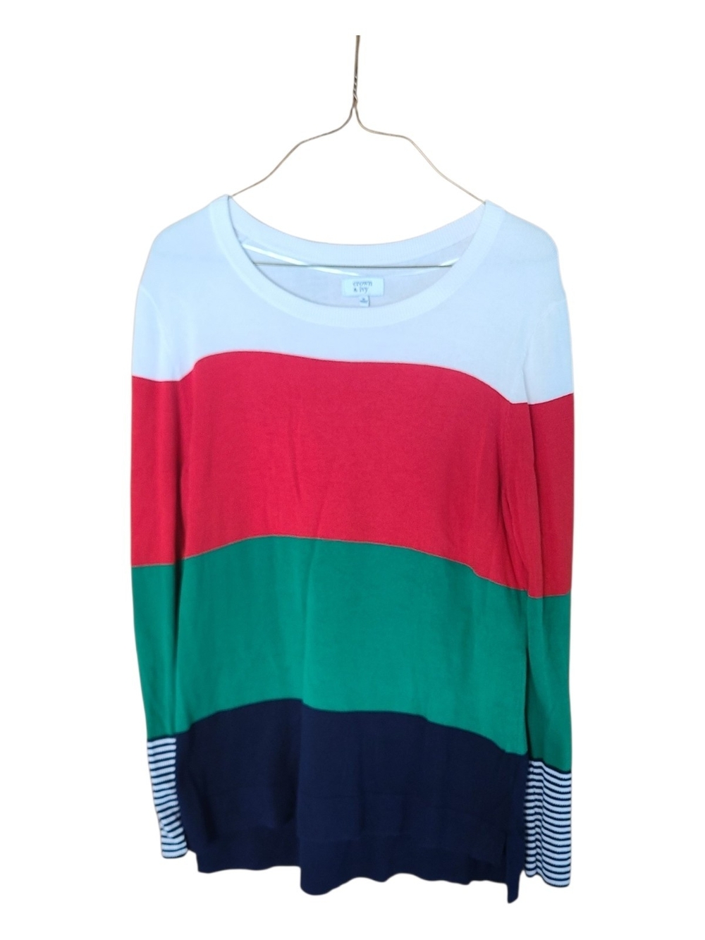 Crown & Ivy Medium Colorblock Sweater Striped Cuffs Navy/Green/Red